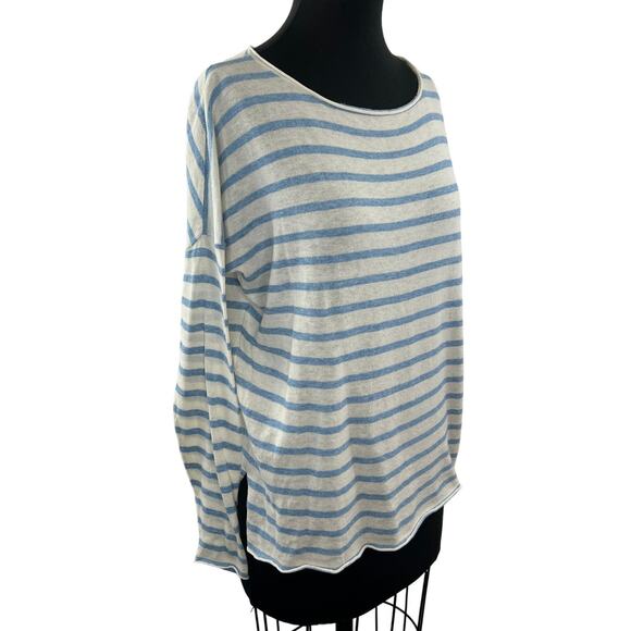 Nili Lotan Beige Blue Sweater Striped Cotton Boat Neck Knit Classic Fit Sz Small - Picture 1 of 7